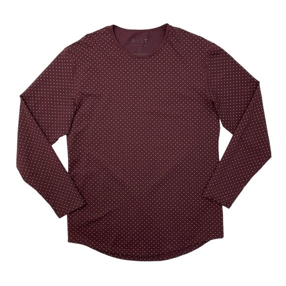 BYLT Other - BYLT Shirt Mens L Large Maroon Grey Polka Dot Drop Cut Long Sleeve Crew Stretch